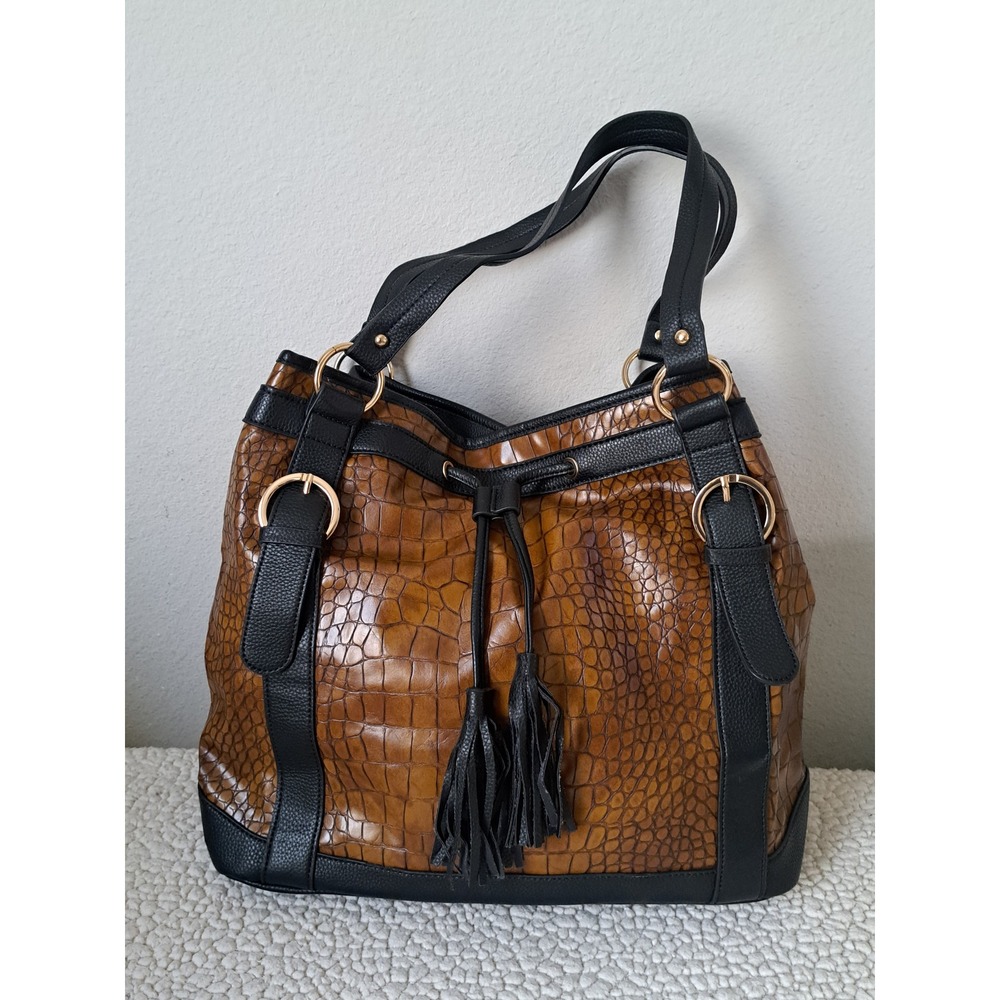 Cato Cognac Brown Croc Embossed Faux Leather Tassel Shoulder Bag Tote Black Trim